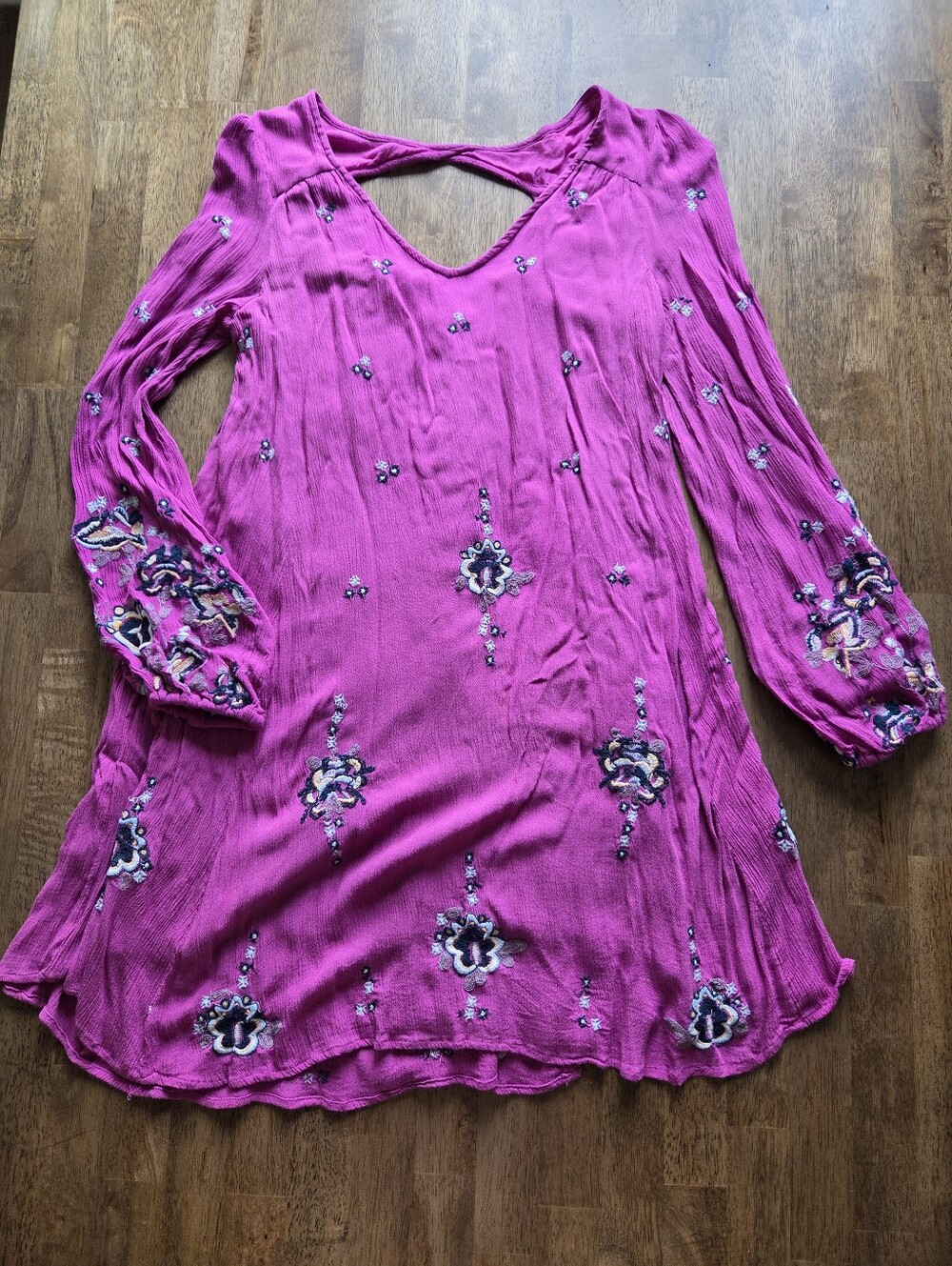 Free People Oxford Textured Viscose Babydoll Embroidered Boho Tunic Dress